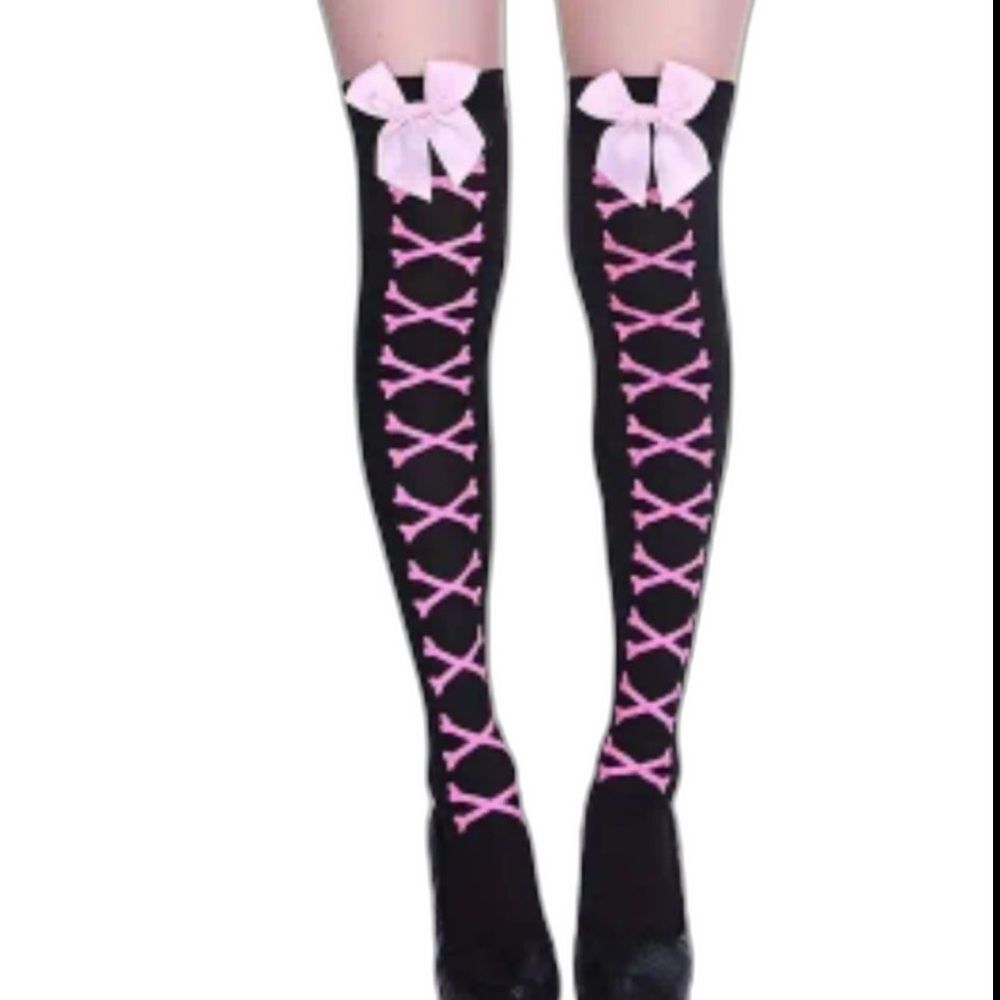 Thigh High Stockings Black with Pink bow, bones Goth Cosplay Hosiery NWT PUNK - Picture 3 of 3